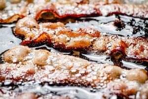 Pieces of bacon are fried in boiling oil with air bubbles. photo