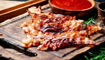 Pieces of fried bacon with tomato sauce. photo