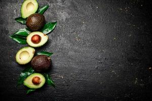 Cut ripe avocado with leaves. photo