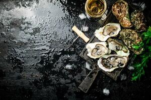 Fresh oysters with greens. On a black background. photo