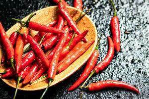 Chili peppers on a wooden plate. photo