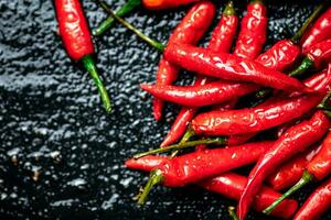 Pods of hot chili peppers on the table. photo