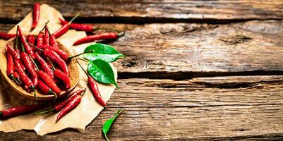 caliente chile pimientos con hojas en un lámina. foto