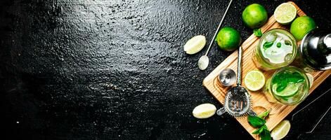 Mojito with pieces of lime and mint leaves. photo