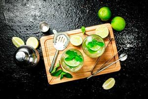 Mojito with pieces of lime and mint leaves. photo