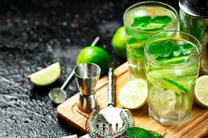 Mojito with pieces of lime and mint leaves. photo