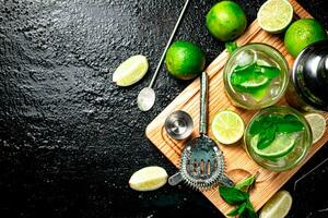 Mojito with pieces of lime and mint leaves. photo