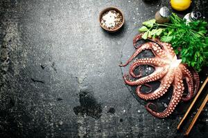 Fresh octopus on a stone board. photo