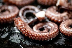 Pieces of fresh octopus. On a black background. photo