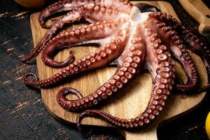 Octopus on a wooden cutting board. photo