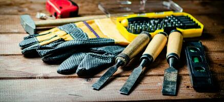 A set of construction tools on the table. photo