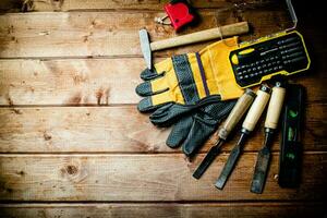 A set of construction tools on the table. photo