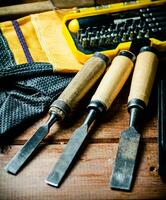 A set of construction tools on the table. photo