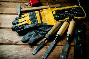 A set of construction tools on the table. photo