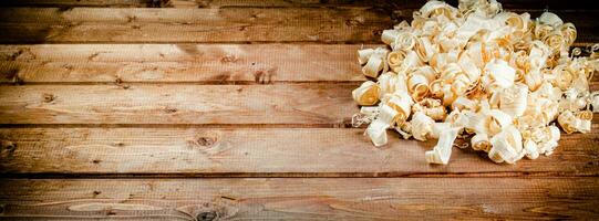 Wood chips on the table. photo