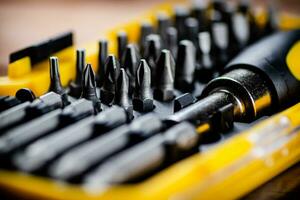 Set of construction bits. Macro background. photo