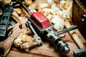 Various working tools on wood on the table. photo