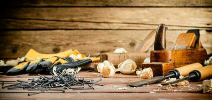 Construction nails on the table. photo