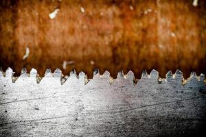 Hand saw blade on a wooden background. photo