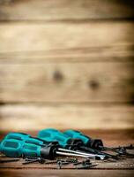 Screwdriver with a bunch of self-tapping screws. photo