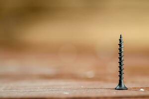 Self-tapping screw on wood on the table. photo