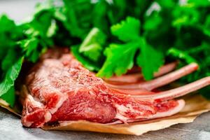 Raw rack of lamb on paper with parsley. photo