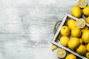 Fresco limones en el bandeja. foto