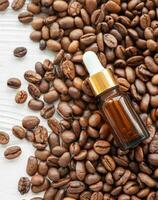 Skincare caffeine eye serum. Product bottle and coffee beans. photo
