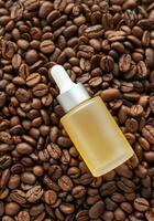 Skincare caffeine eye serum. Product bottle and coffee beans. photo