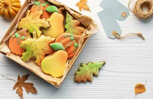 Multicolored autumn homemade cookies in a gift box photo