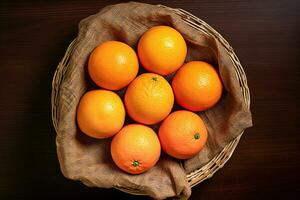 A wicker basket of fresh orange fruits photo