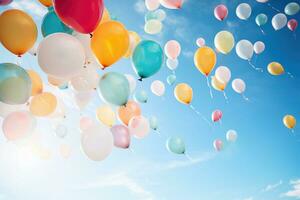 Multicolored balloons with helium on a blue sky photo