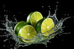 Fresh limes on water splash photo