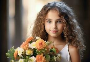 hermosa niña con verano ramo de flores de flores foto