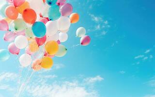 Multicolored balloons with helium on a blue sky photo