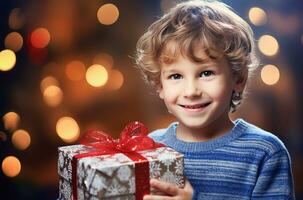 Surprised Little boy holding Christmas present photo