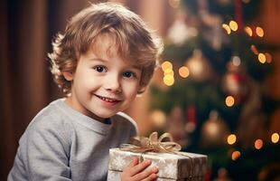 Surprised Little boy holding Christmas present photo