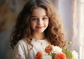 Beautiful girl with summer bouquet of flowers photo