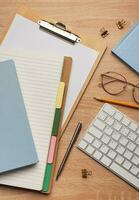 Flat lay, top view office table desk. photo