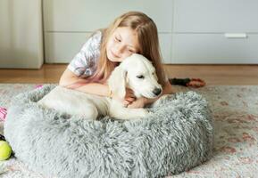 Little girl playing with a golden retriever puppy at home. photo