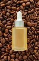 Skincare caffeine eye serum. Product bottle and coffee beans. photo