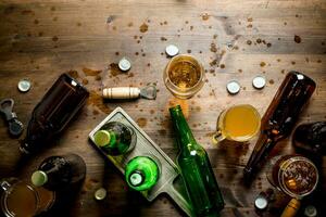 Beer in bottles and glasses. photo