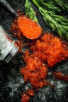 Grains of red caviar on a spoon with dill and salt. photo