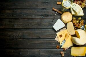 Assortment of different types of cheese with grapes and white wine. photo