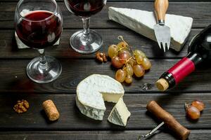 Brie cheese with red wine, nuts and grapes. photo