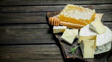 queso Brie queso con miel peine. foto