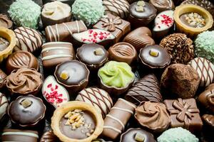 Chocolate candies with nuts and various fillings. photo