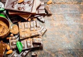 Chocolate pieces with leaves. photo