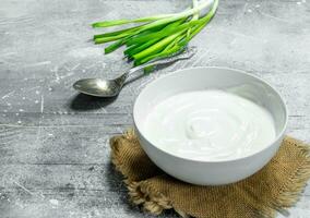 Sour cream with green onions in bowl . photo