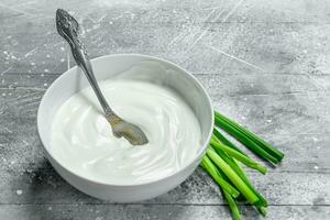 Sour cream with green onions in bowl . photo